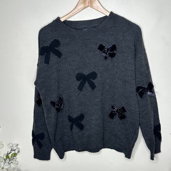 ANTHROPOLOGIE x MAEVE 3D Bow Sweater Velvet Detail Gray Sz S {TT40} - Picture 3 of 7